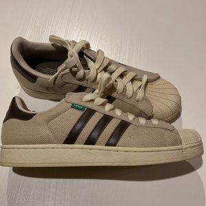 Adidas hemp shell toe sneakers.